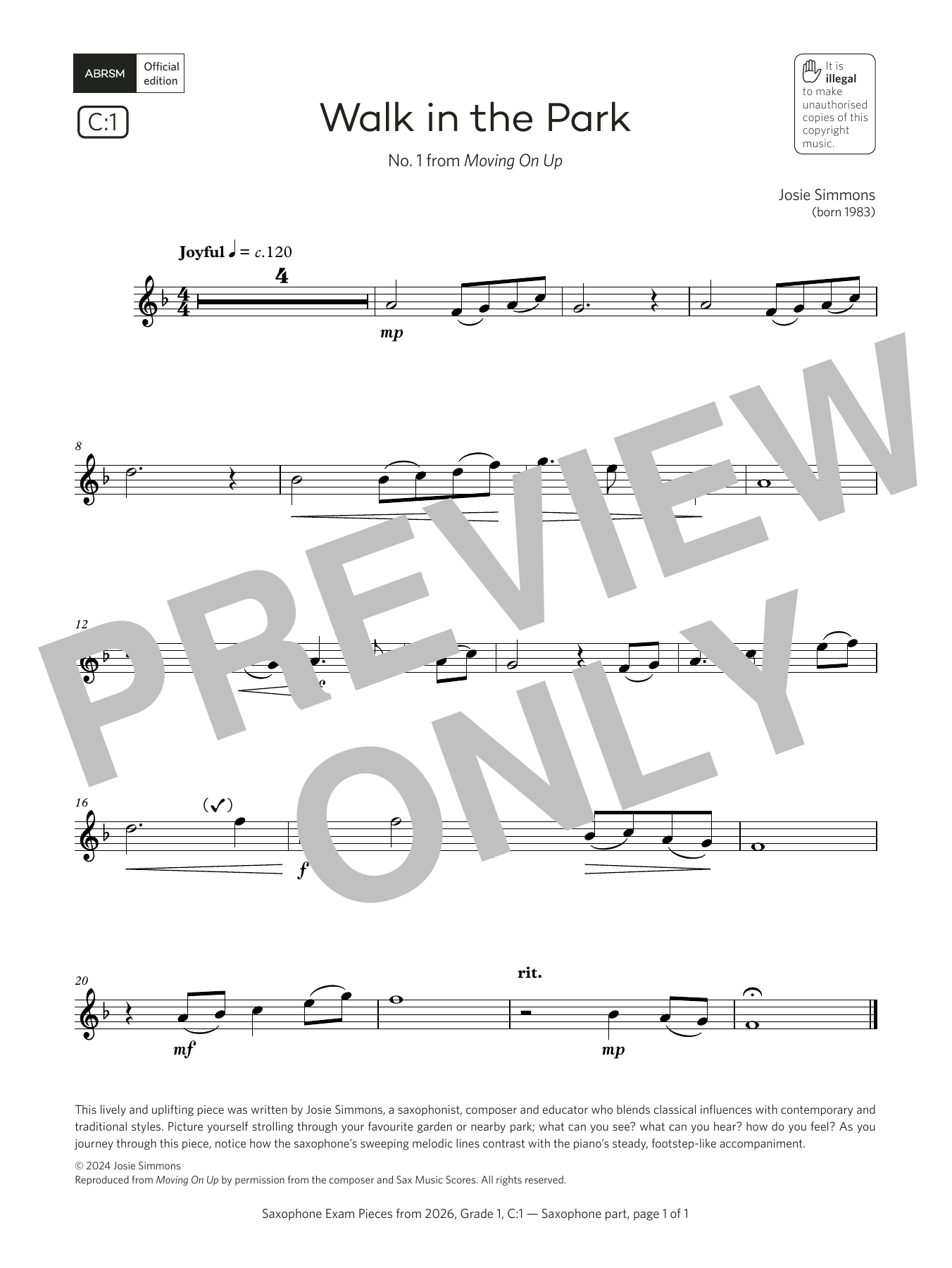 Josie Simmons Walk in the Park (Grade 1, list C1, from the ABRSM Saxophone Syllabus from 2026) sheet music, chords, lyrics - Printable PDF for Alto Sax Solo