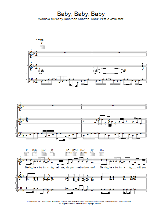 Joss Stone Baby Baby Baby sheet music preview music notes and score for Piano, Vocal & Guitar including 7 page(s)
