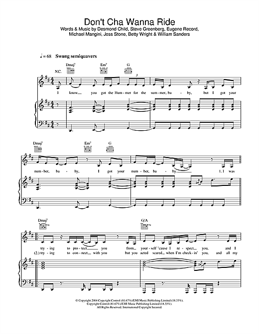 Learn to play Joss Stone Don't Cha Wanna Ride sheet music for Piano, Vocal & Guitar in minutes. Joss Stone Don't Cha Wanna Ride sheet music notes and chords
