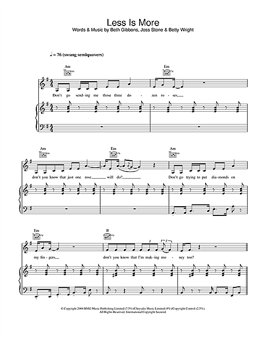 Learn to play Joss Stone Less Is More sheet music for Piano, Vocal & Guitar in minutes. Joss Stone Less Is More sheet music notes and chords