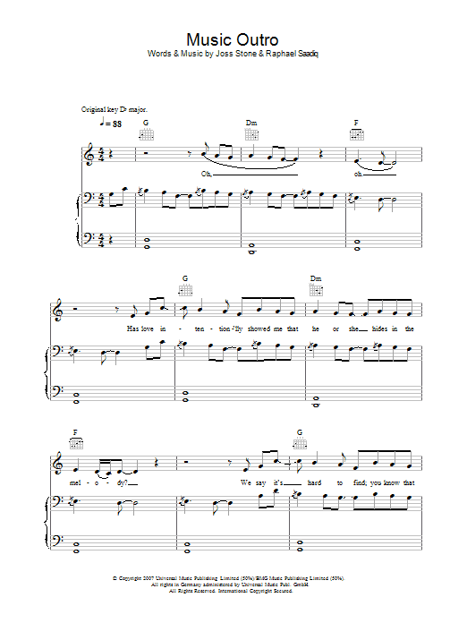 Joss Stone Music (Outro) sheet music preview music notes and score for Piano, Vocal & Guitar including 4 page(s)