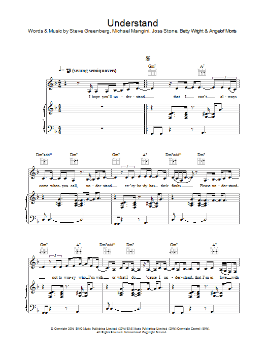Learn to play Joss Stone Understand sheet music for Piano, Vocal & Guitar in minutes. Joss Stone Understand sheet music preview music notes and score for Piano, Vocal & Guitar including 6 page(s)
