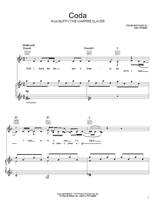 Learn to play Joss Whedon Coda (from Buffy The Vampire Slayer) sheet music for Piano, Vocal & Guitar (Right-Hand Melody) in minutes. Joss Whedon Coda (from Buffy The Vampire Slayer) sheet music preview music notes and score for Piano, Vocal & Guitar (Right-Hand Melody) including 2 page(s)