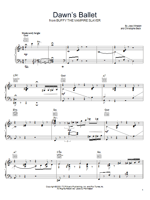 Learn to play Joss Whedon Dawn's Ballet (from Buffy The Vampire Slayer) sheet music for Piano, Vocal & Guitar (Right-Hand Melody) in minutes. Joss Whedon Dawn's Ballet (from Buffy The Vampire Slayer) sheet music preview music notes and score for Piano, Vocal & Guitar (Right-Hand Melody) including 2 page(s)