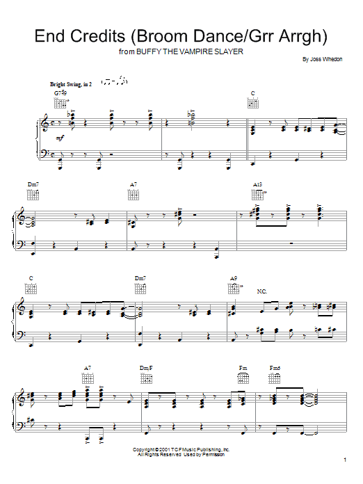 Learn to play Joss Whedon End Credits (Broom Dance/Grr Arrgh) (from Buffy The Vampire Slayer) sheet music for Piano, Vocal & Guitar (Right-Hand Melody) in minutes. Joss Whedon End Credits (Broom Dance/Grr Arrgh) (from Buffy The Vampire Slayer) sheet music preview music notes and score for Piano, Vocal & Guitar (Right-Hand Melody) including 2 page(s)