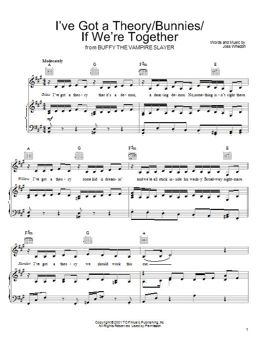 Learn to play Joss Whedon I've Got A Theory/Bunnies/If We're Together (from Buffy The Vampire Slayer) sheet music for Piano, Vocal & Guitar (Right-Hand Melody) in minutes. Joss Whedon I've Got A Theory/Bunnies/If We're Together (from Buffy The Vampire Slayer) sheet music preview music notes and score for Piano, Vocal & Guitar (Right-Hand Melody) including 7 page(s)