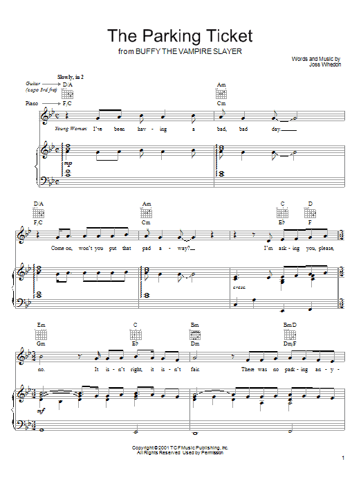 Learn to play Joss Whedon The Parking Ticket (from Buffy The Vampire Slayer) sheet music for Piano, Vocal & Guitar (Right-Hand Melody) in minutes. Joss Whedon The Parking Ticket (from Buffy The Vampire Slayer) sheet music preview music notes and score for Piano, Vocal & Guitar (Right-Hand Melody) including 2 page(s)
