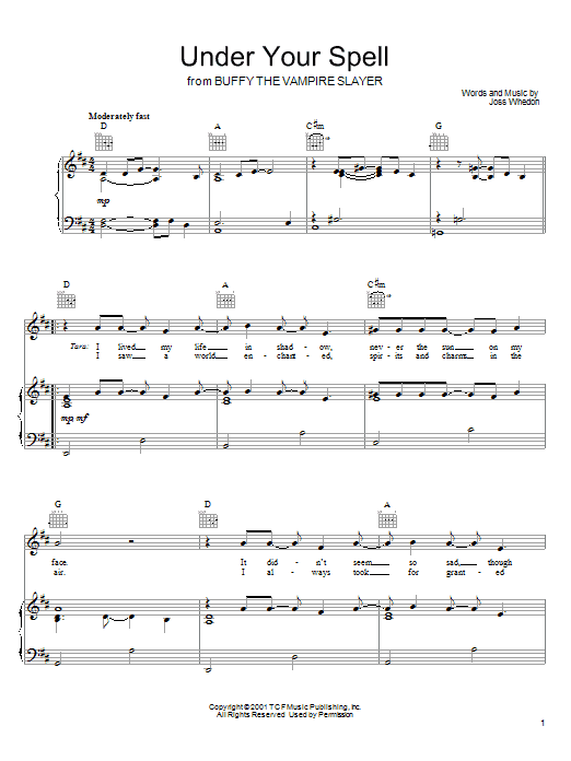 Learn to play Joss Whedon Under Your Spell (from Buffy The Vampire Slayer) sheet music for Piano, Vocal & Guitar (Right-Hand Melody) in minutes. Joss Whedon Under Your Spell (from Buffy The Vampire Slayer) sheet music notes and chords