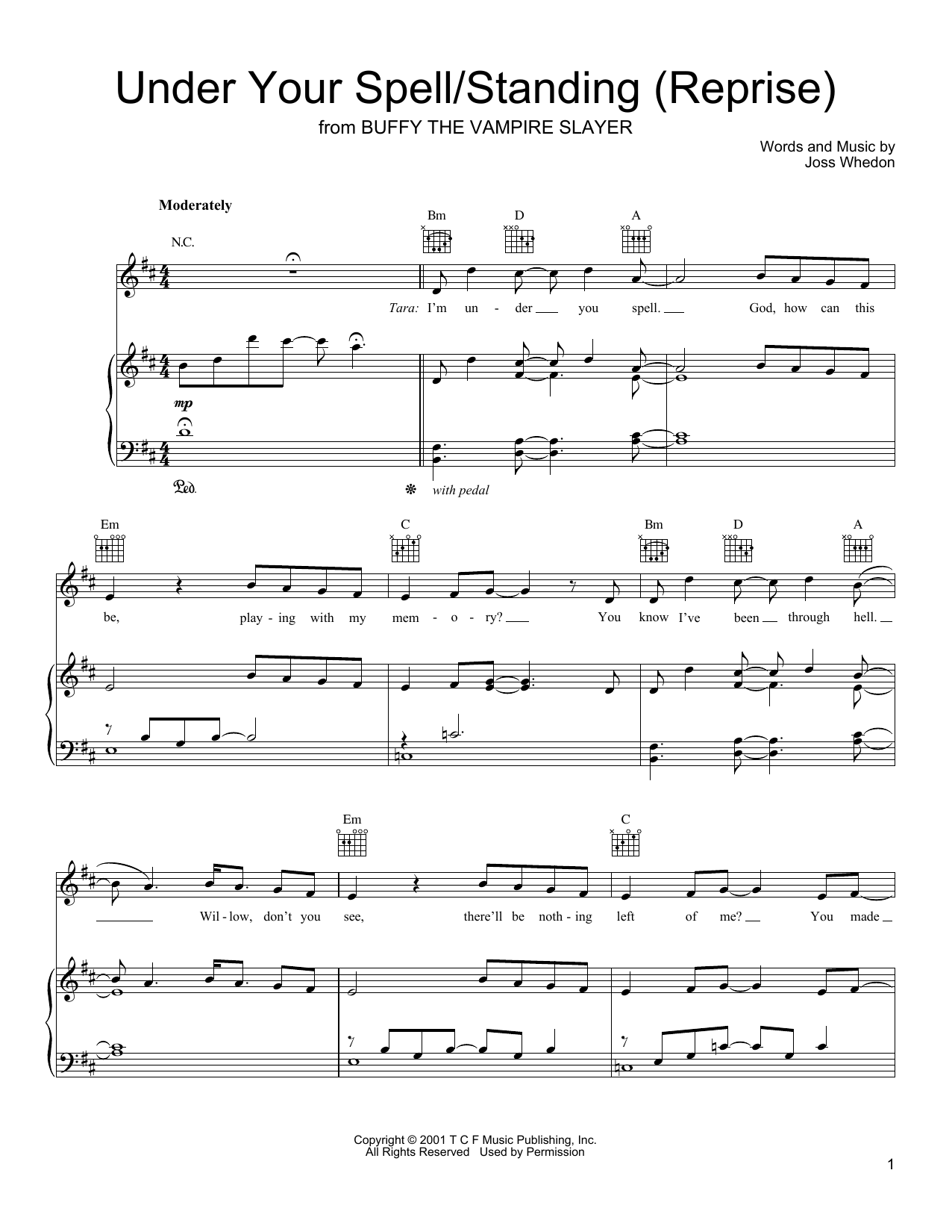 Joss Whedon Under Your Spell/Standing (Reprise) (from Buffy The Vampire Slayer) sheet music preview music notes and score for Piano, Vocal & Guitar (Right-Hand Melody) including 3 page(s)