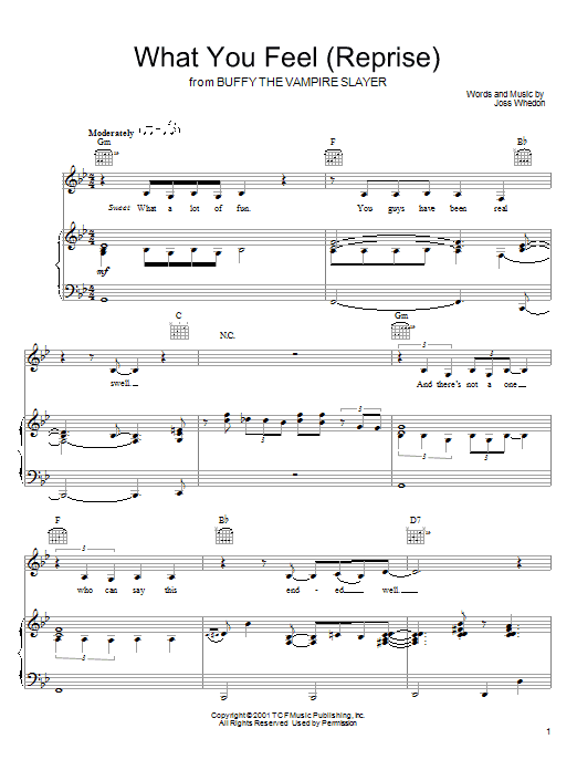Learn to play Joss Whedon What You Feel (Reprise) (from Buffy The Vampire Slayer) sheet music for Piano, Vocal & Guitar (Right-Hand Melody) in minutes. Joss Whedon What You Feel (Reprise) (from Buffy The Vampire Slayer) sheet music notes and chords