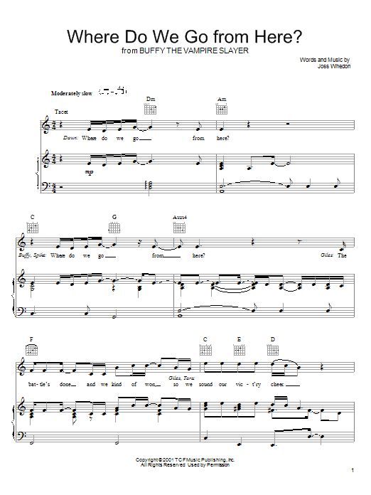 Learn to play Joss Whedon Where Do We Go From Here? (from Buffy The Vampire Slayer) sheet music for Piano, Vocal & Guitar (Right-Hand Melody) in minutes. Joss Whedon Where Do We Go From Here? (from Buffy The Vampire Slayer) sheet music preview music notes and score for Piano, Vocal & Guitar (Right-Hand Melody) including 4 page(s)