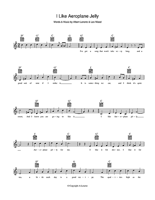 Learn to play Joy King I Like Aeroplane Jelly sheet music for Melody Line, Lyrics & Chords in minutes. Joy King I Like Aeroplane Jelly sheet music preview music notes and score for Melody Line, Lyrics & Chords including 2 page(s)