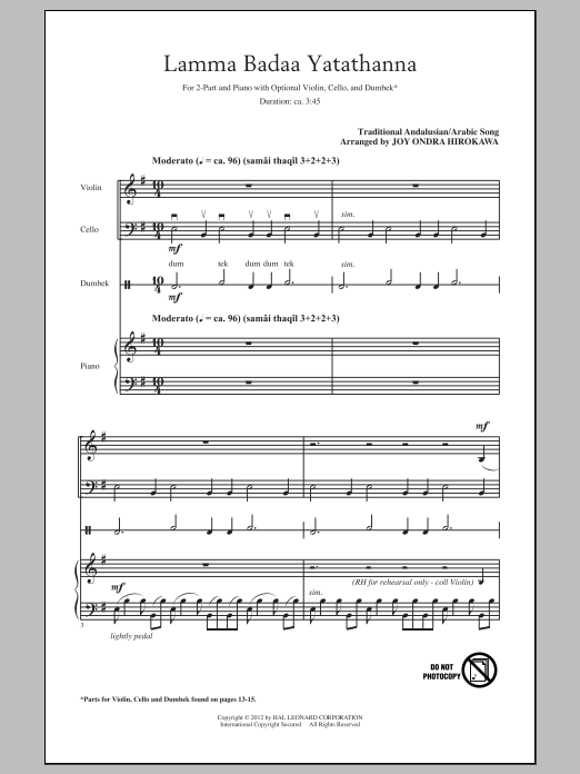 Learn to play Traditional Lamma Badaa Yatathanna (arr. Joy Ondra Hirokawa) sheet music for 2-Part Choir in minutes. Traditional Lamma Badaa Yatathanna (arr. Joy Ondra Hirokawa) sheet music preview music notes and score for 2-Part Choir including 12 page(s)