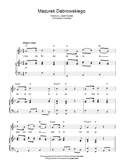 Learn to play Jozef Wybicki Mazurek Dabrowskiego (Polish National Anthem) sheet music for Piano, Vocal & Guitar (Right-Hand Melody) in minutes. Jozef Wybicki Mazurek Dabrowskiego (Polish National Anthem) sheet music preview music notes and score for Piano, Vocal & Guitar (Right-Hand Melody) including 2 page(s)