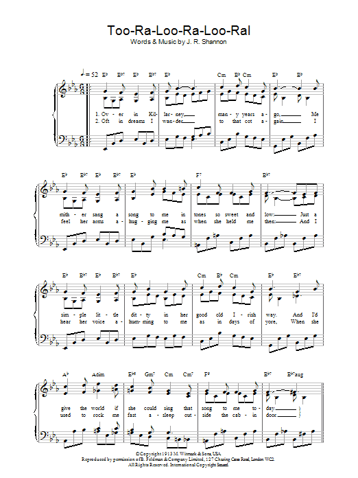 Download James R. Shannon Too-Ra-Loo-Ra-Loo-Ral (That's An Irish Lullaby) sheet music notes and chords for Piano, Vocal & Guitar (Right-Hand Melody) - Download Printable PDF and start playing in minutes.