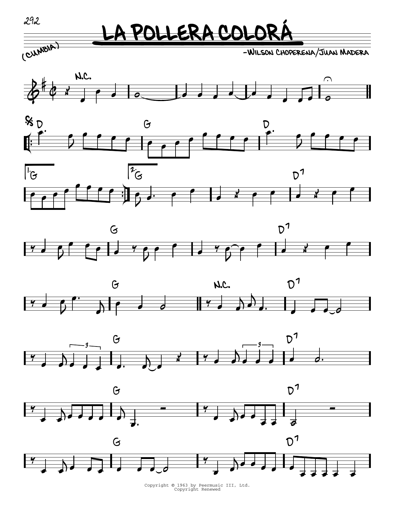 Juan Madera La Pollera Colorá sheet music, chords, lyrics - Printable PDF for Real Book – Melody & Chords