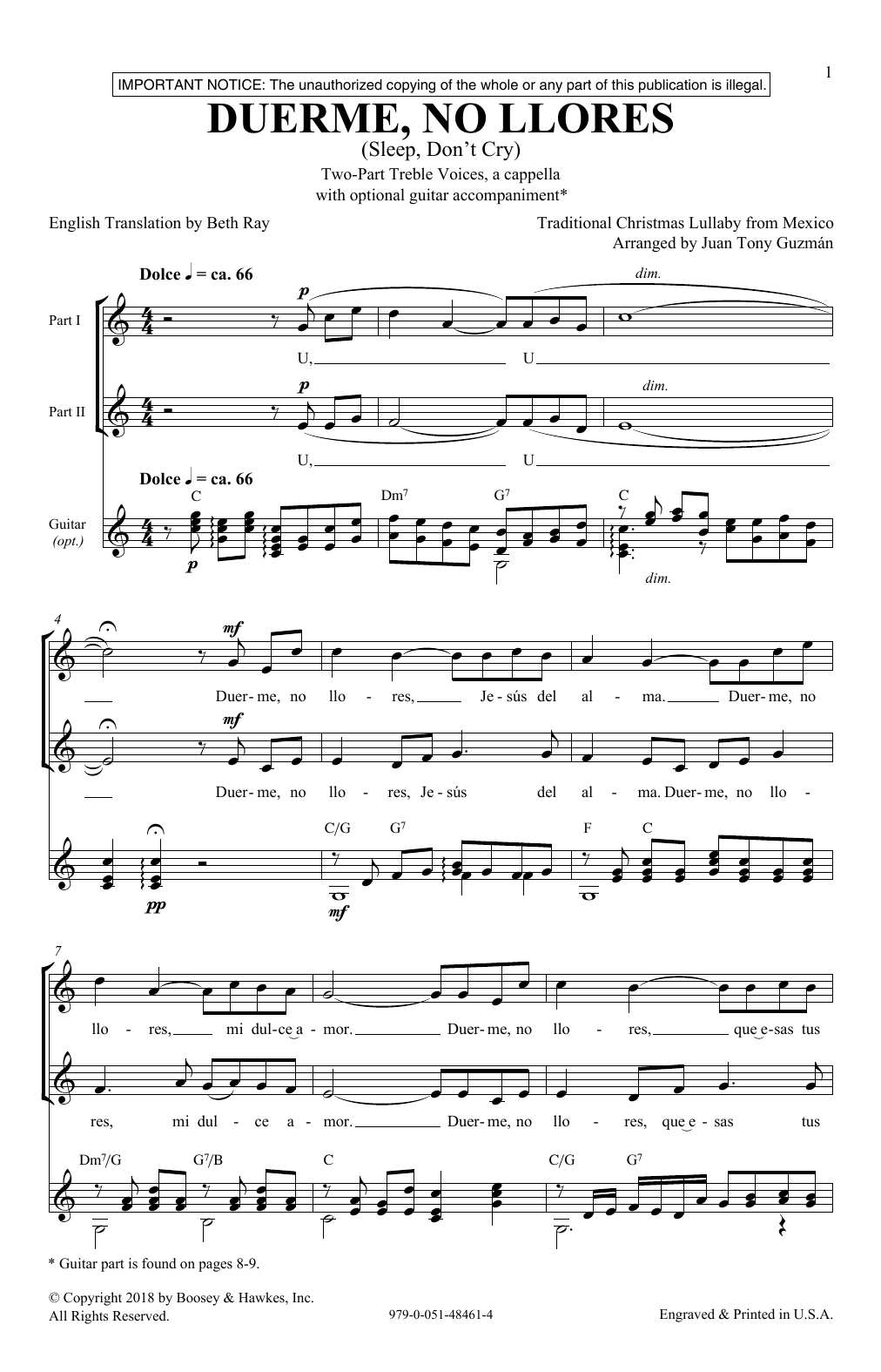 Juan-Tony Guzman Duerme, No Llores (Sleep, Don't Cry) sheet music, chords, lyrics - Printable PDF for 2-Part Choir