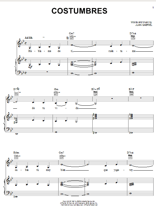 Learn to play Juan Gabriel Costumbres sheet music for Piano, Vocal & Guitar (Right-Hand Melody) in minutes. Juan Gabriel Costumbres sheet music notes and chords