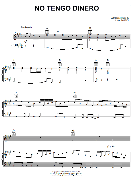 Learn to play Juan Gabriel No Tengo Dinero sheet music for Piano, Vocal & Guitar (Right-Hand Melody) in minutes. Juan Gabriel No Tengo Dinero sheet music notes and chords
