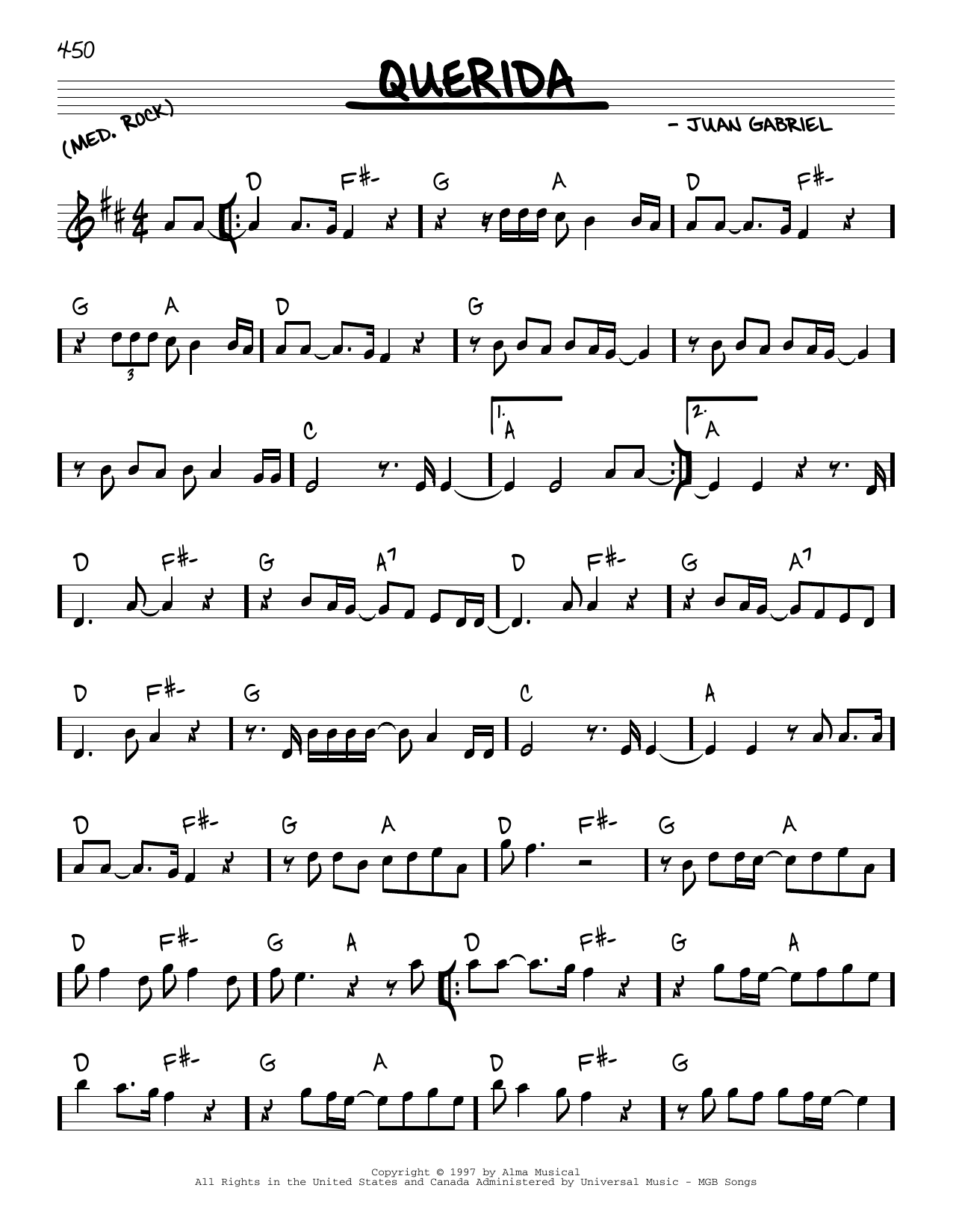 Learn to play Juan Gabriel Querida sheet music for Real Book – Melody & Chords in minutes. Juan Gabriel Querida sheet music preview music notes and score for Real Book – Melody & Chords including 2 page(s)