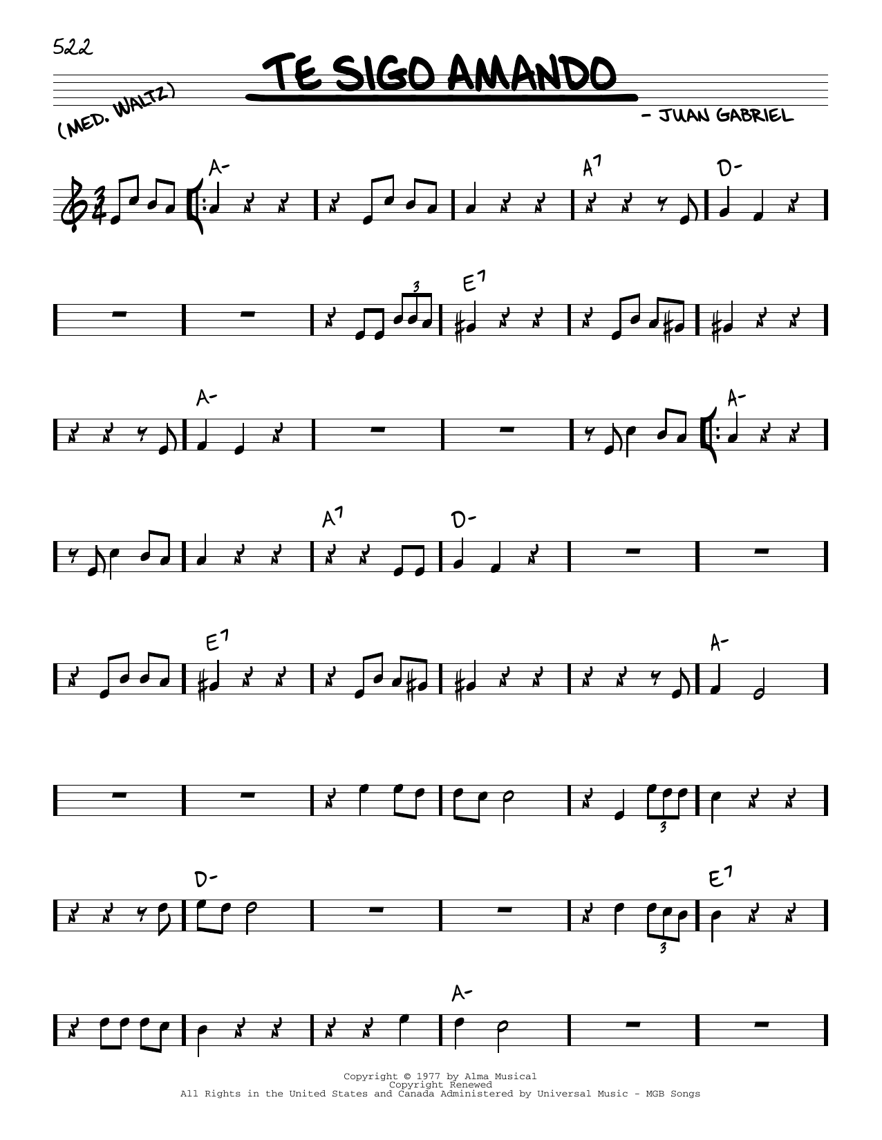 Learn to play Juan Gabriel Te sigo Amando sheet music for Real Book – Melody & Chords in minutes. Juan Gabriel Te sigo Amando sheet music preview music notes and score for Real Book – Melody & Chords including 2 page(s)