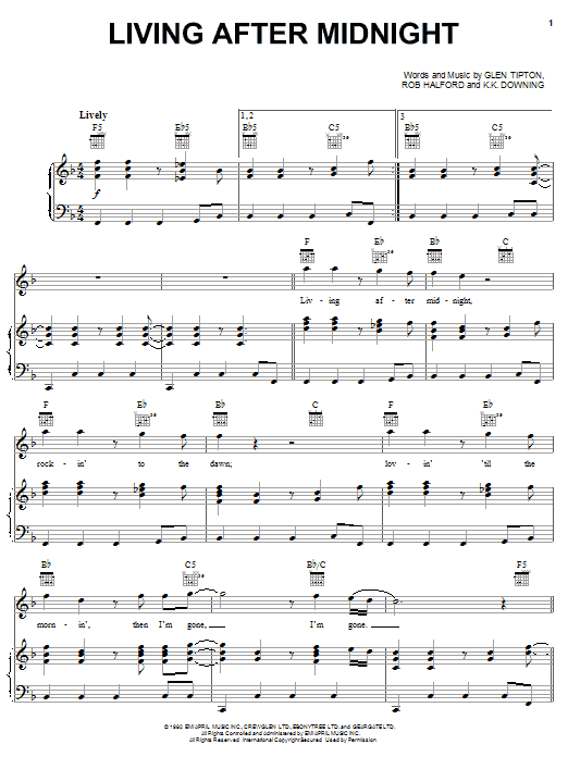Download Judas Priest Living After Midnight sheet music notes and chords for Piano, Vocal & Guitar (Right-Hand Melody) - Download Printable PDF and start playing in minutes.