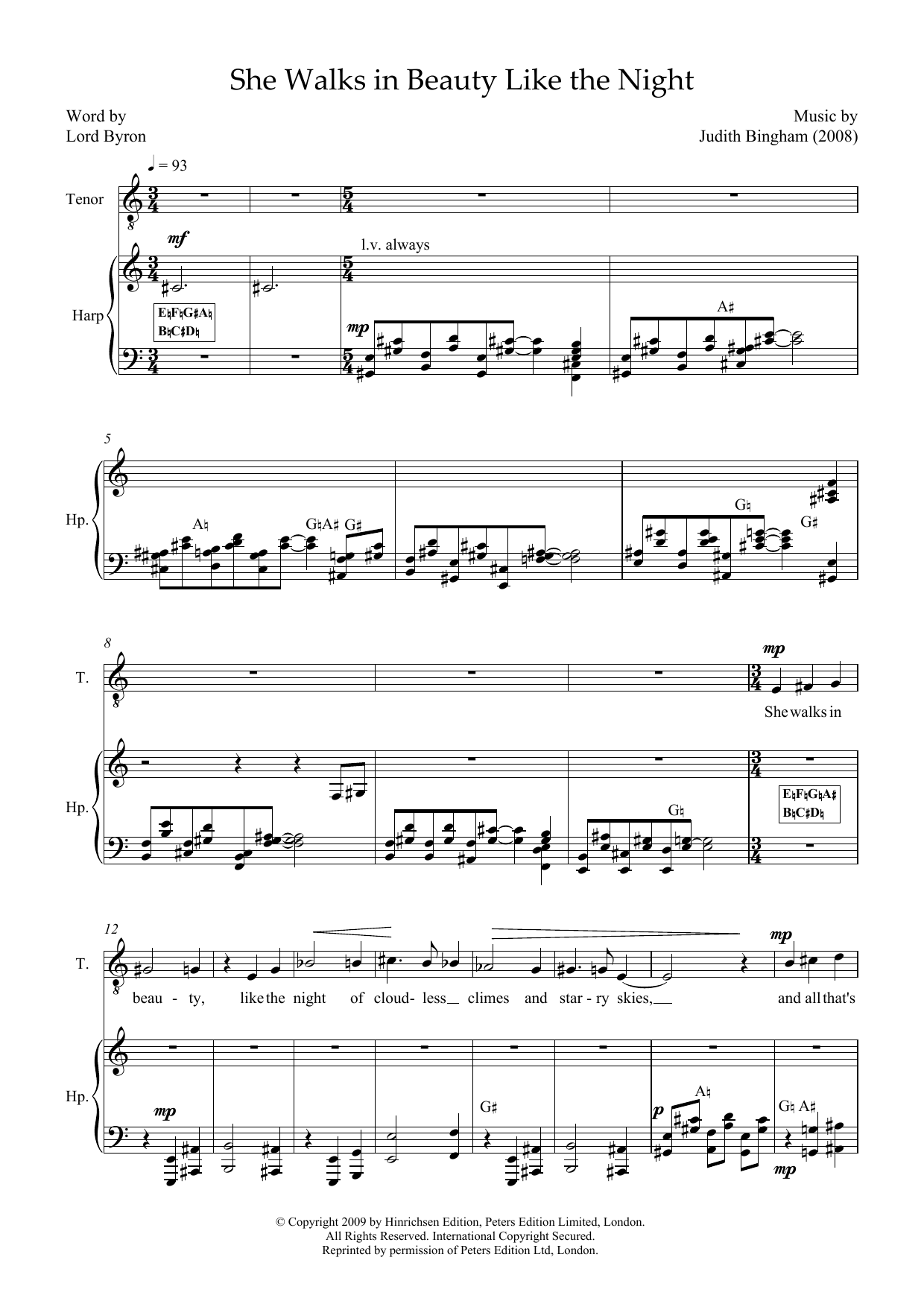Judith Bingham She walks in beauty like the night (for tenor & harp) sheet music, chords, lyrics - Printable PDF for Piano & Vocal