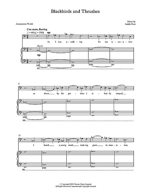 Judith Weir Blackbirds and Thrushes (for bass/baritone & piano) sheet music preview music notes and score for Piano & Vocal including 6 page(s)
