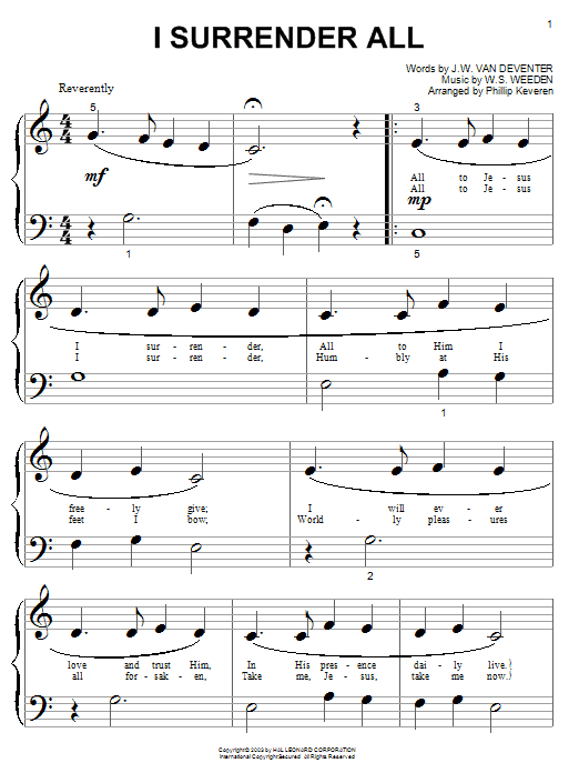 Learn to play Judson W. Van De Venter I Surrender All sheet music for Easy Piano in minutes. Judson W. Van De Venter I Surrender All sheet music preview music notes and score for Easy Piano including 2 page(s)