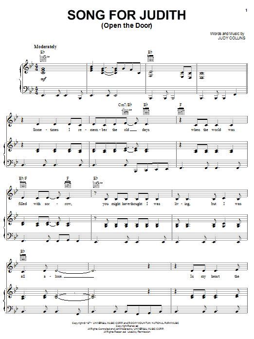 Judy Collins Song For Judith (Open The Door) sheet music, chords, lyrics - Printable PDF for Piano, Vocal & Guitar (Right-Hand Melody)