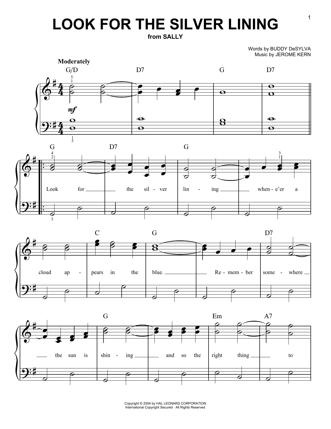Learn to play Judy Garland Look For The Silver Lining sheet music for Easy Piano in minutes. Judy Garland Look For The Silver Lining sheet music preview music notes and score for Easy Piano including 2 page(s)