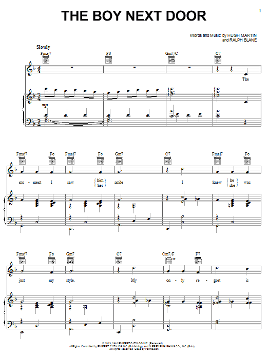 Learn to play Judy Garland The Boy Next Door sheet music for Piano, Vocal & Guitar (Right-Hand Melody) in minutes. Judy Garland The Boy Next Door sheet music preview music notes and score for Piano, Vocal & Guitar (Right-Hand Melody) including 5 page(s)