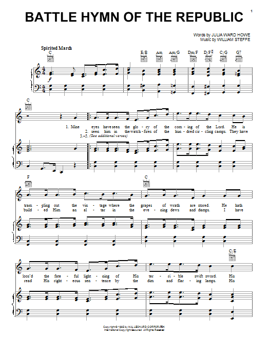 Download Julia Ward Howe Battle Hymn Of The Republic sheet music notes and chords for Piano, Vocal & Guitar (Right-Hand Melody) - Download Printable PDF and start playing in minutes.