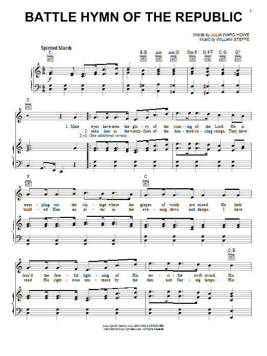Learn to play Julia Ward Howe Battle Hymn Of The Republic sheet music for Piano in minutes. Julia Ward Howe Battle Hymn Of The Republic sheet music notes and chords
