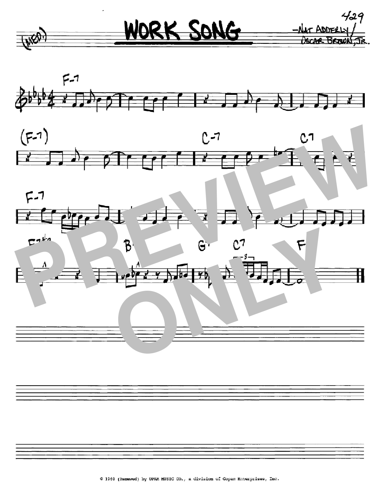 Cannonball Adderley Work Song sheet music, chords, lyrics - Printable PDF for Real Book - Melody & Chords - C Instruments