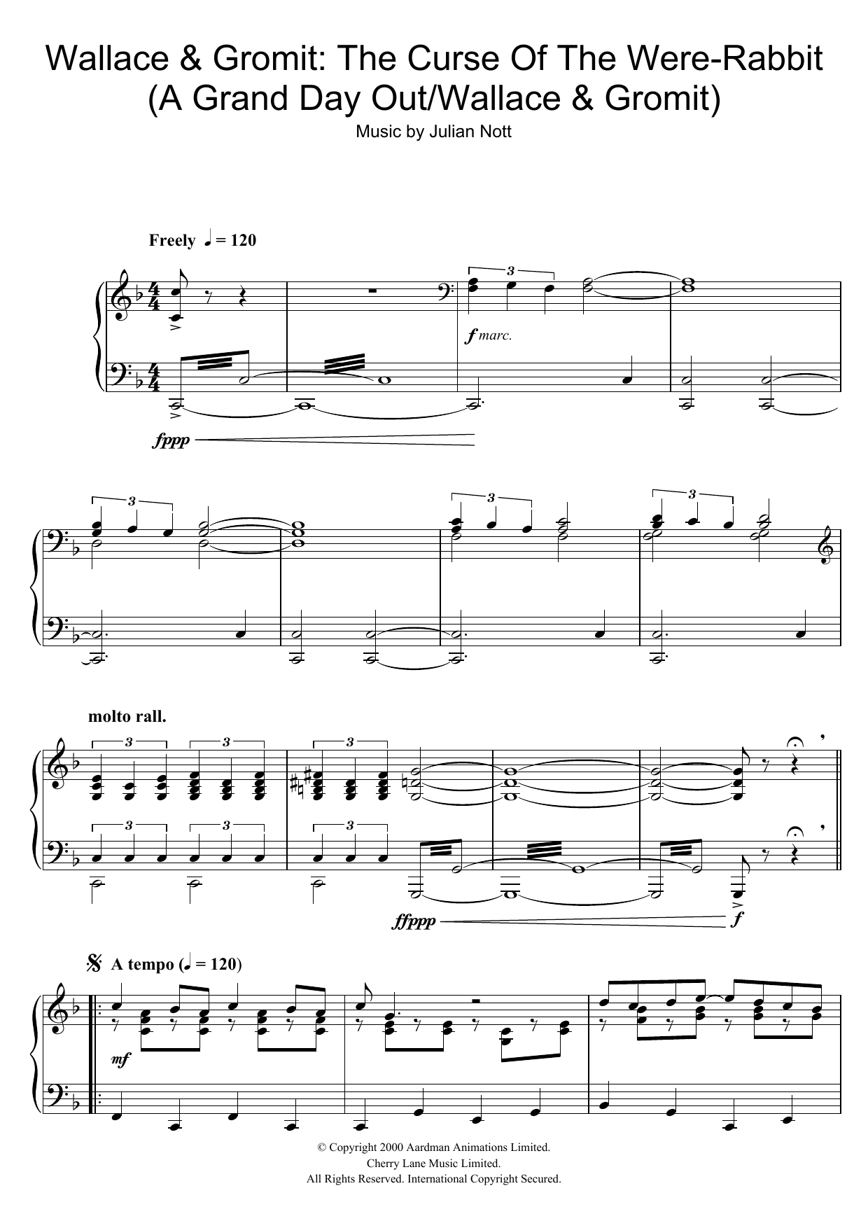 Julian Nott Wallace & Gromit: The Curse Of The Were-Rabbit (A Grand Day Out/Wallace & Gromit) sheet music, chords, lyrics - Printable PDF for Piano