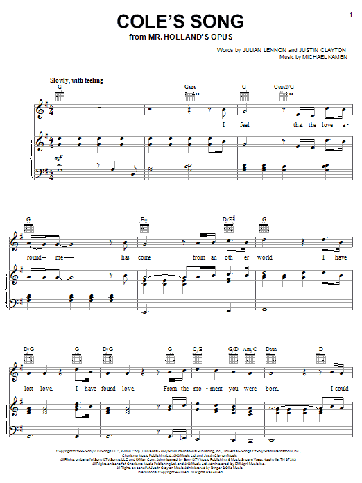 Learn to play Julian Lennon Cole's Song (from Mr Holland's Opus) sheet music for Piano, Vocal & Guitar (Right-Hand Melody) in minutes. Julian Lennon Cole's Song (from Mr Holland's Opus) sheet music notes and chords