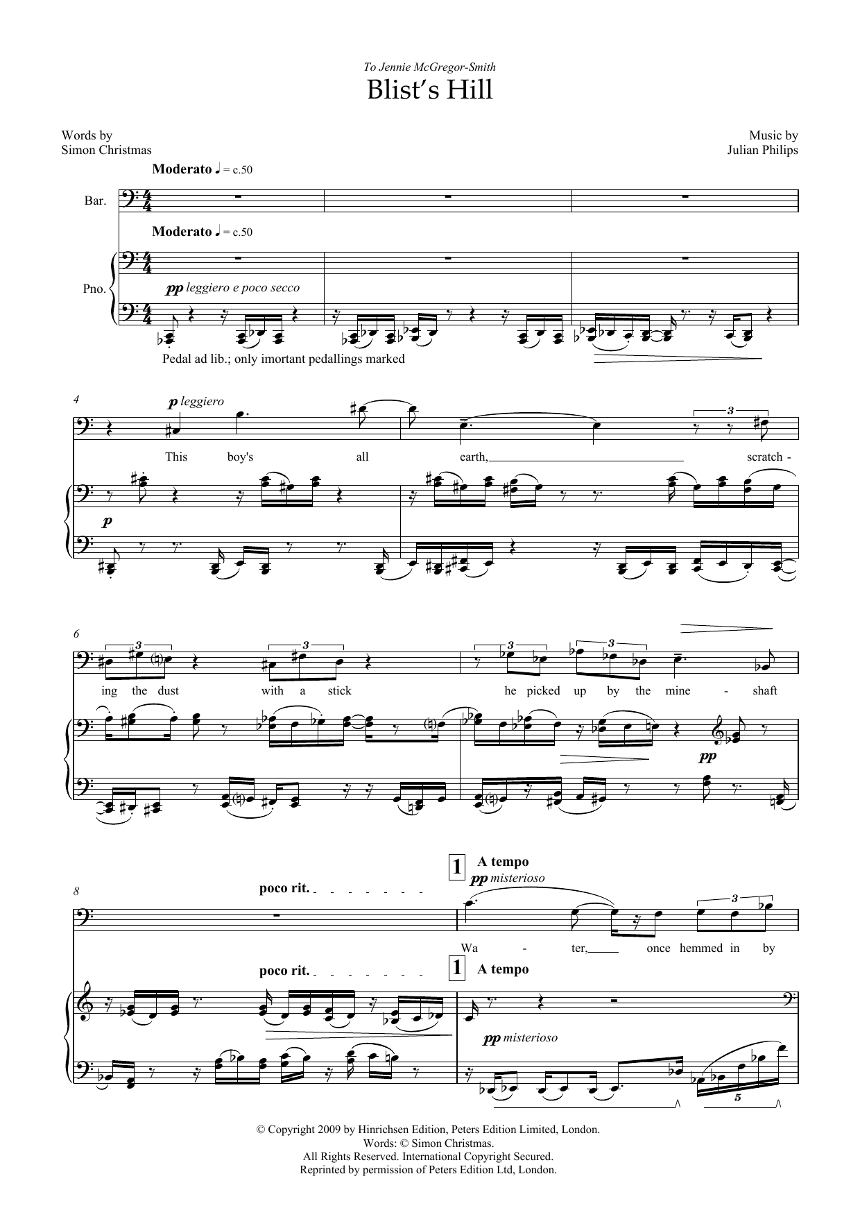 Julian Philips Blist's Hill (for baritone & piano) sheet music preview music notes and score for Piano & Vocal including 4 page(s)