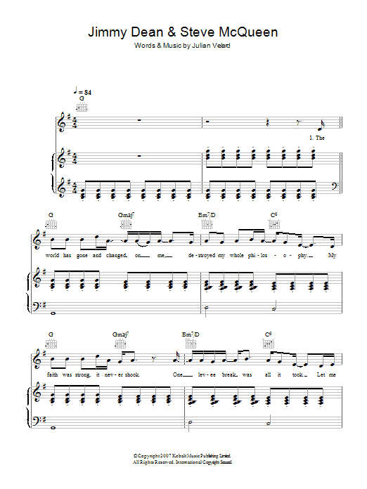 Learn to play Julian Velard Jimmy Dean & Steve McQueen sheet music for Piano, Vocal & Guitar in minutes. Julian Velard Jimmy Dean & Steve McQueen sheet music preview music notes and score for Piano, Vocal & Guitar including 7 page(s)