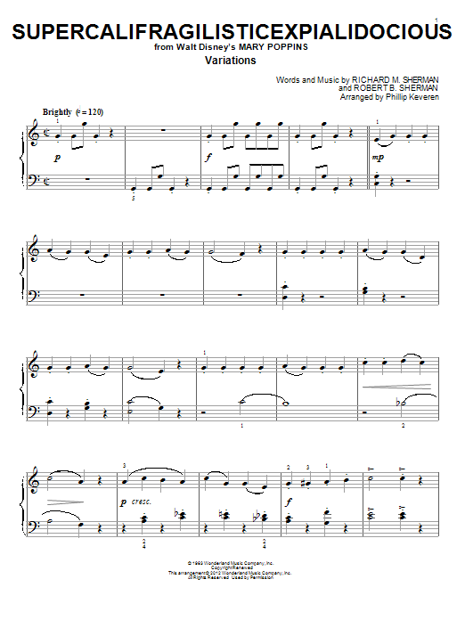 Phillip Keveren Supercalifragilisticexpialidocious sheet music, chords, lyrics - Printable PDF for Piano