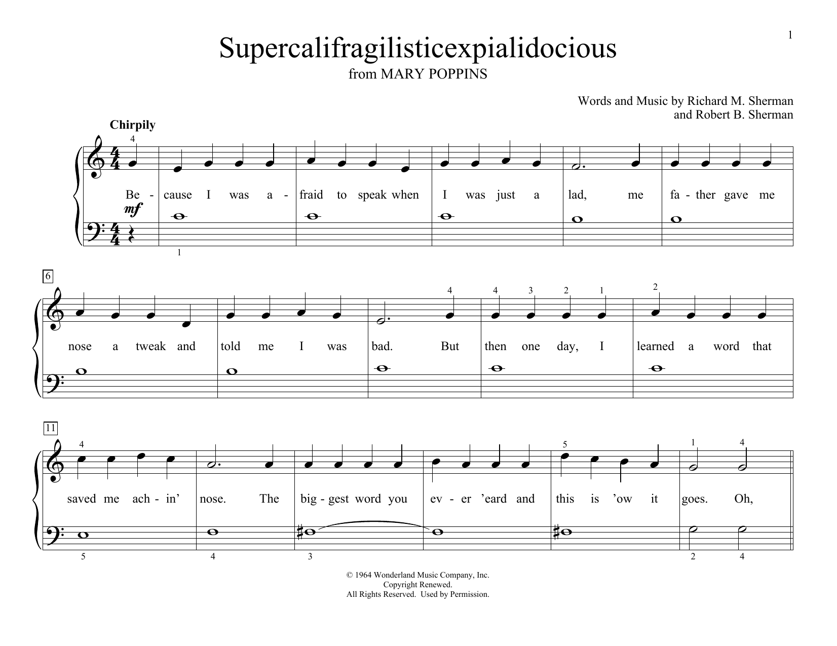 Sherman Brothers Supercalifragilisticexpialidocious (from Mary Poppins) (arr. Christopher Hussey) sheet music, chords, lyrics - Printable PDF for Educational Piano