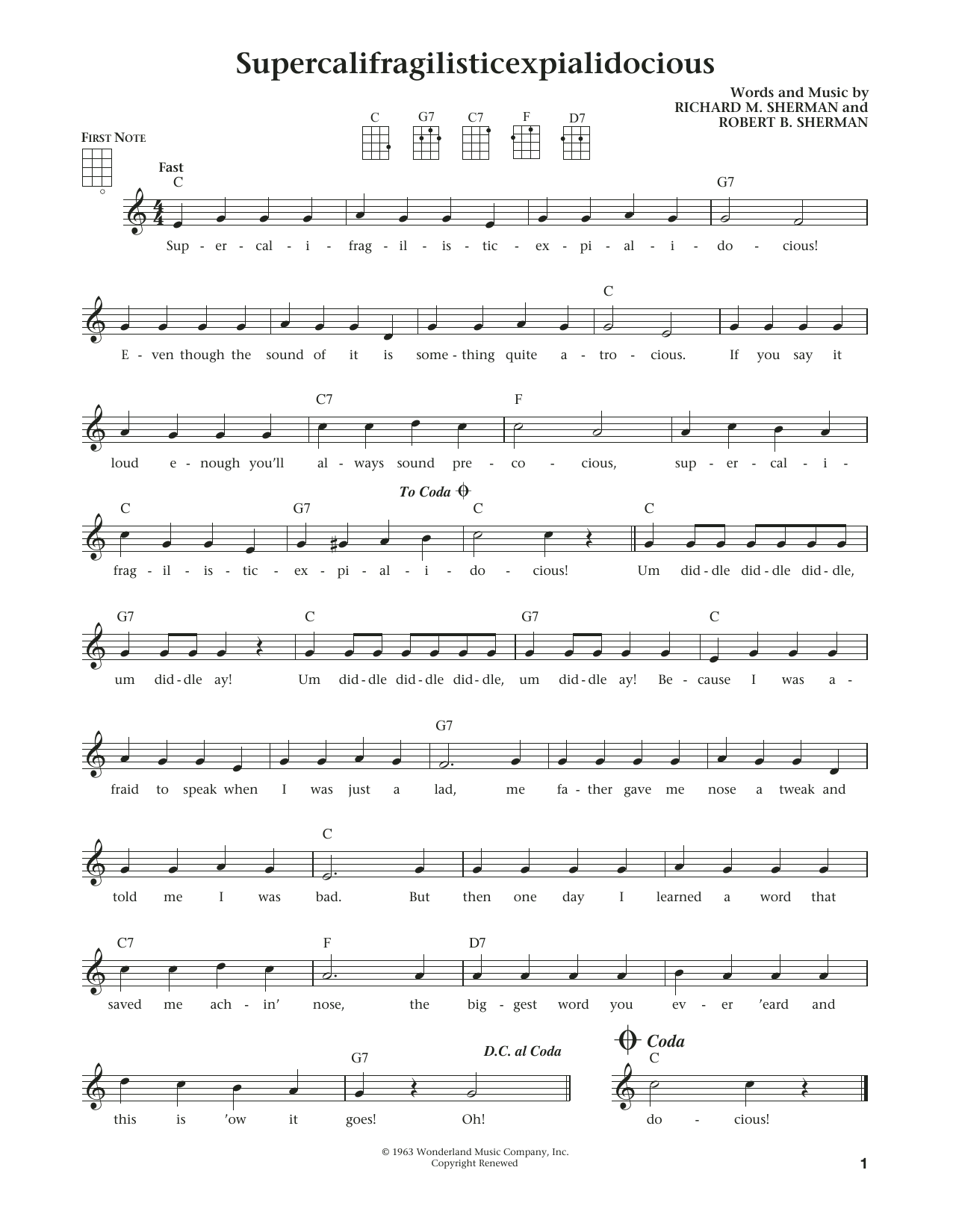 Robert B. Sherman Supercalifragilisticexpialidocious sheet music, chords, lyrics - Printable PDF for Ukulele