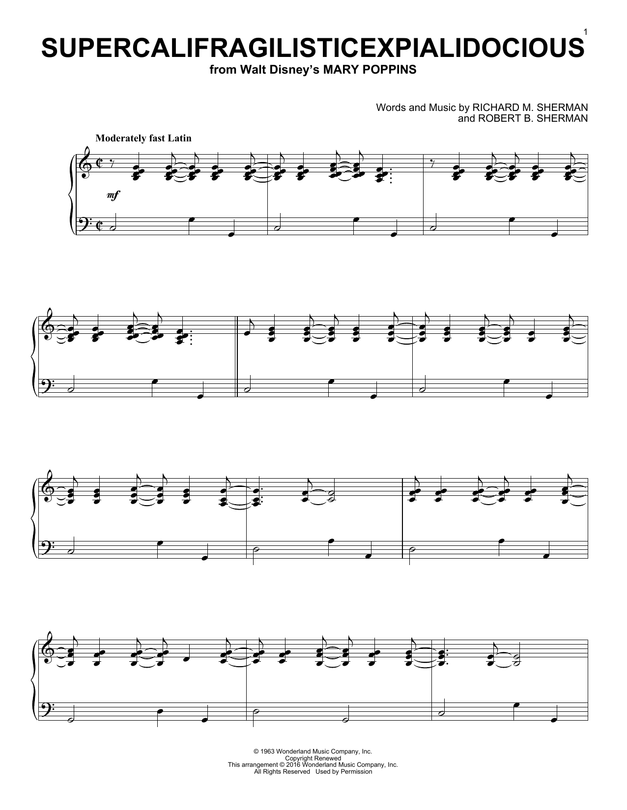 Sherman Brothers Supercalifragilisticexpialidocious sheet music, chords, lyrics - Printable PDF for Piano