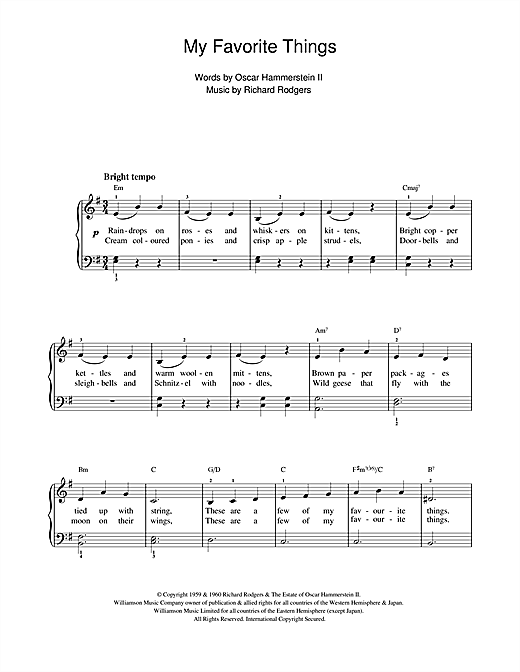 Learn to play Julie Andrews My Favorite Things (from The Sound Of Music) sheet music for Piano, Vocal & Guitar (Right-Hand Melody) in minutes. Julie Andrews My Favorite Things (from The Sound Of Music) sheet music preview music notes and score for Piano, Vocal & Guitar (Right-Hand Melody) including 8 page(s)