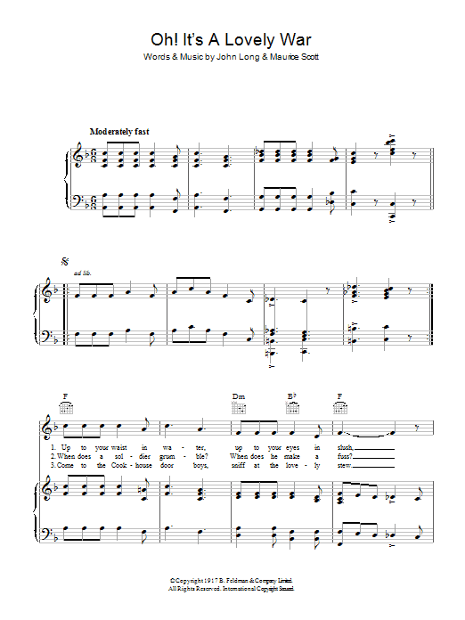 Learn to play J. P. Long Oh! It's A Lovely War sheet music for Piano, Vocal & Guitar (Right-Hand Melody) in minutes. J. P. Long Oh! It's A Lovely War sheet music preview music notes and score for Piano, Vocal & Guitar (Right-Hand Melody) including 4 page(s)