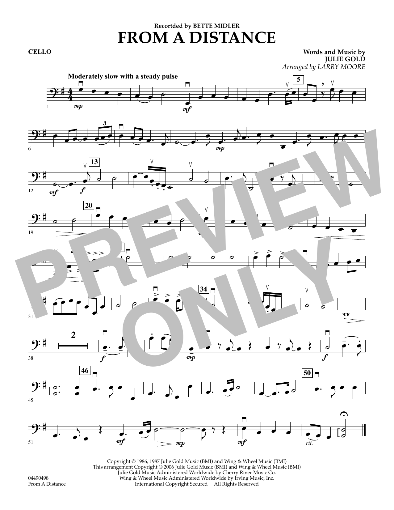 Learn to play Julie Gold From a Distance (arr. Larry Moore) - Cello sheet music for String Quartet in minutes. Julie Gold From a Distance (arr. Larry Moore) - Cello sheet music preview music notes and score for String Quartet including 1 page(s)