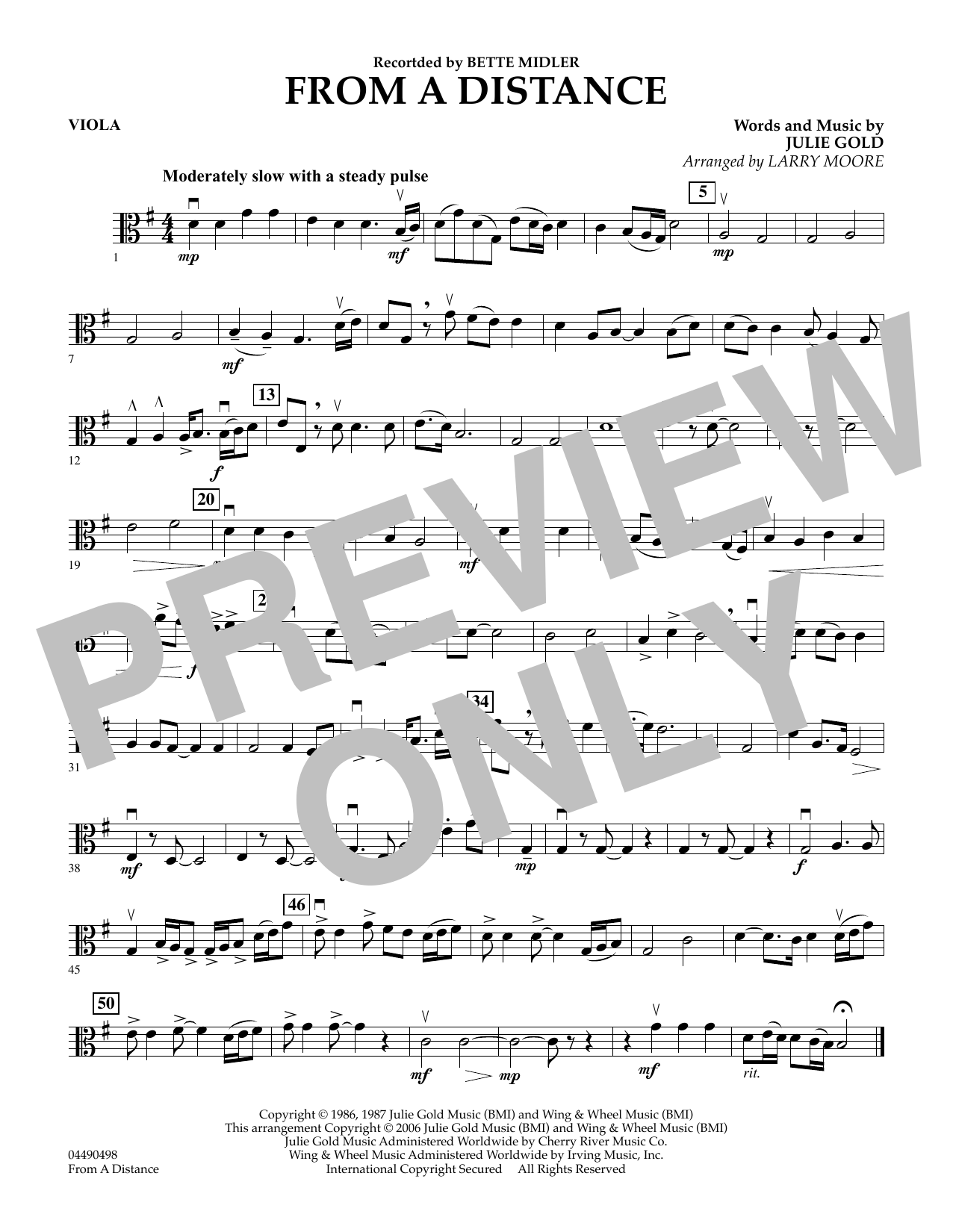 Julie Gold From a Distance (arr. Larry Moore) - Viola sheet music preview music notes and score for String Quartet including 1 page(s)