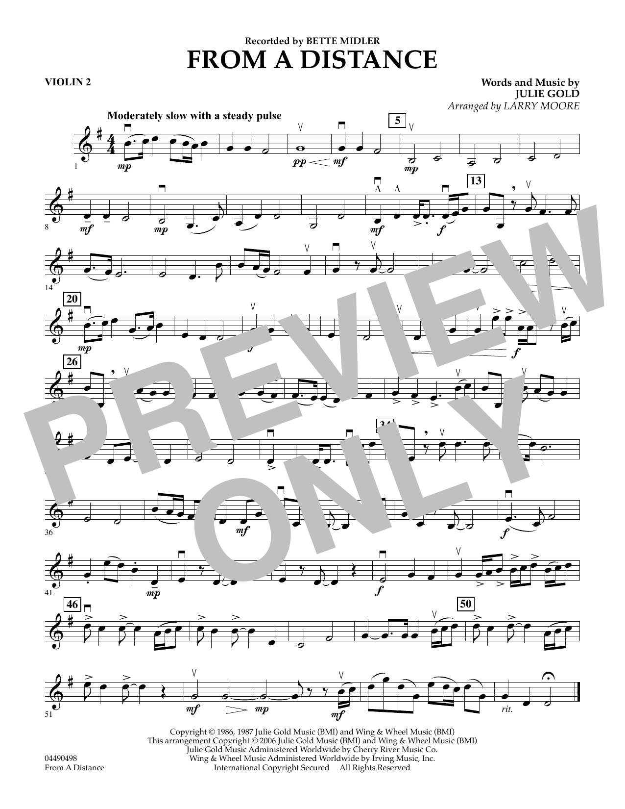 Learn to play Julie Gold From a Distance (arr. Larry Moore) - Violin 2 sheet music for String Quartet in minutes. Julie Gold From a Distance (arr. Larry Moore) - Violin 2 sheet music preview music notes and score for String Quartet including 1 page(s)