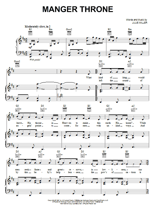 Learn to play Julie Miller Manger Throne sheet music for Piano, Vocal & Guitar (Right-Hand Melody) in minutes. Julie Miller Manger Throne sheet music notes and chords