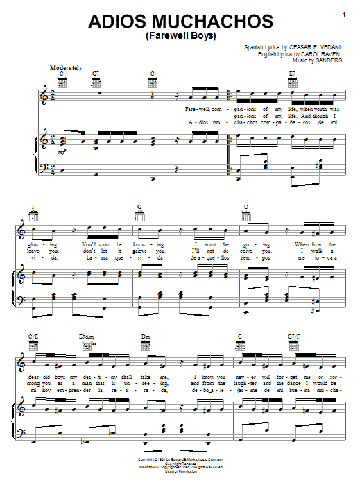 Learn to play Julio Cesar Sanders Adios Muchachos (Farewell Boys) sheet music for Piano, Vocal & Guitar (Right-Hand Melody) in minutes. Julio Cesar Sanders Adios Muchachos (Farewell Boys) sheet music preview music notes and score for Piano, Vocal & Guitar (Right-Hand Melody) including 4 page(s)